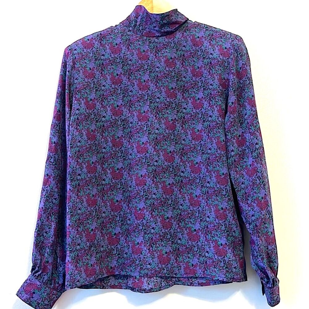 Vintage Hana Sung Silk Floral High Neck Blouse Sz 4 Purple Blue 80s Fairy Granny